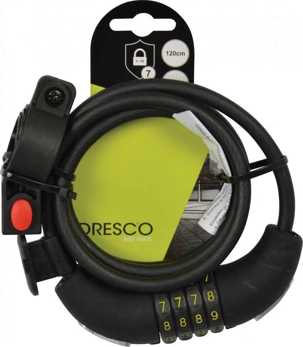 Dresco Kabelslot 120/8 Code - Spiraal/cijferslot - 120cm - Rond 8mm - Met Steun - Zwart 1 Dresco Kabelslot 120/8 Code - Spiraal/cijferslot - 120cm - Rond 8mm - Met Steun - Zwart