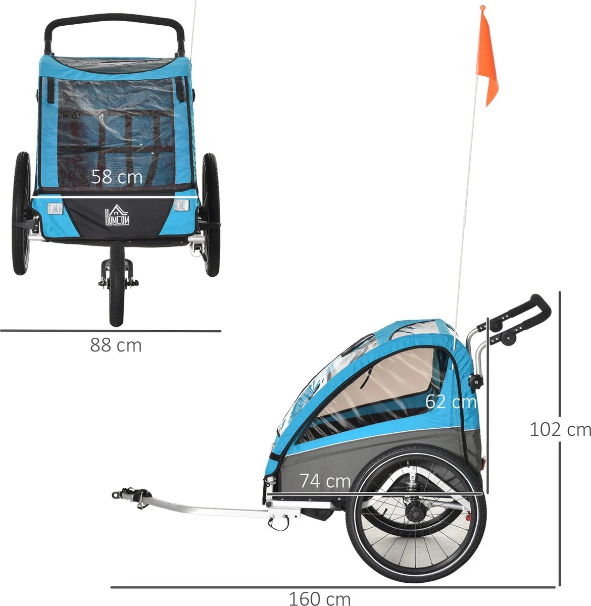 HOMCOM 3-in-1 Kinderaanhanger Jogger Fietskar Voor 2 Kinderen Aluminium 440-018 2 HOMCOM 3-in-1 Kinderaanhanger Jogger Fietskar Voor 2 Kinderen Aluminium 440-018 - Afbeelding 2