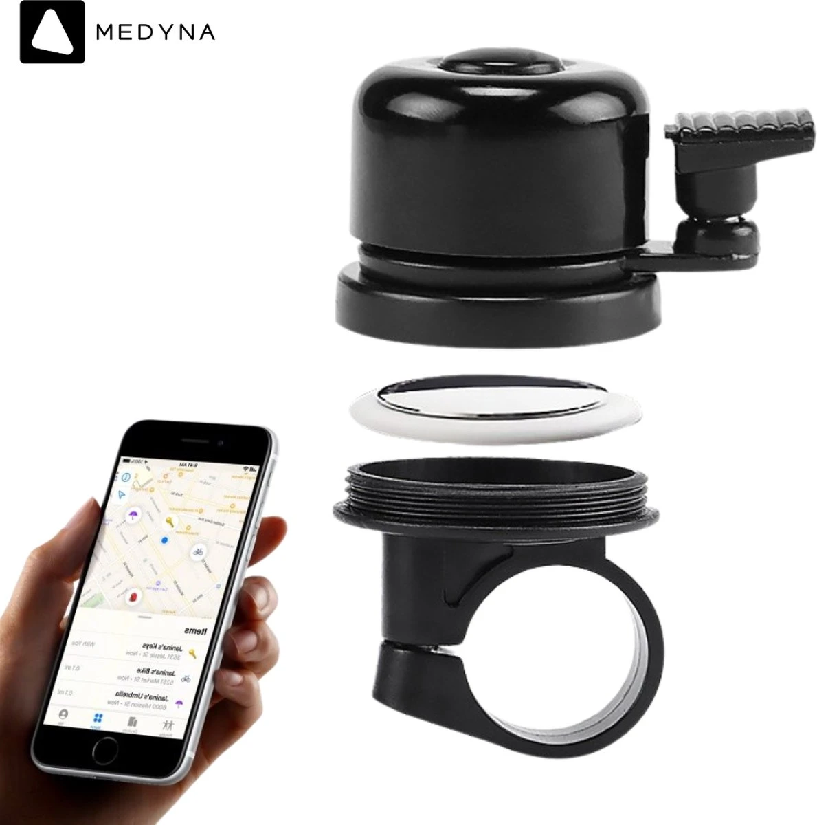 MEDYNA TrackBell - Fietsbel - AirTag Fiets - GPS Tracker Fiets - Fietsalarm - Fiets GPS - Bike Tracker - Ebike 1 MEDYNA TrackBell - Fietsbel - AirTag Fiets - GPS Tracker Fiets - Fietsalarm - Fiets GPS - Bike Tracker - Ebike