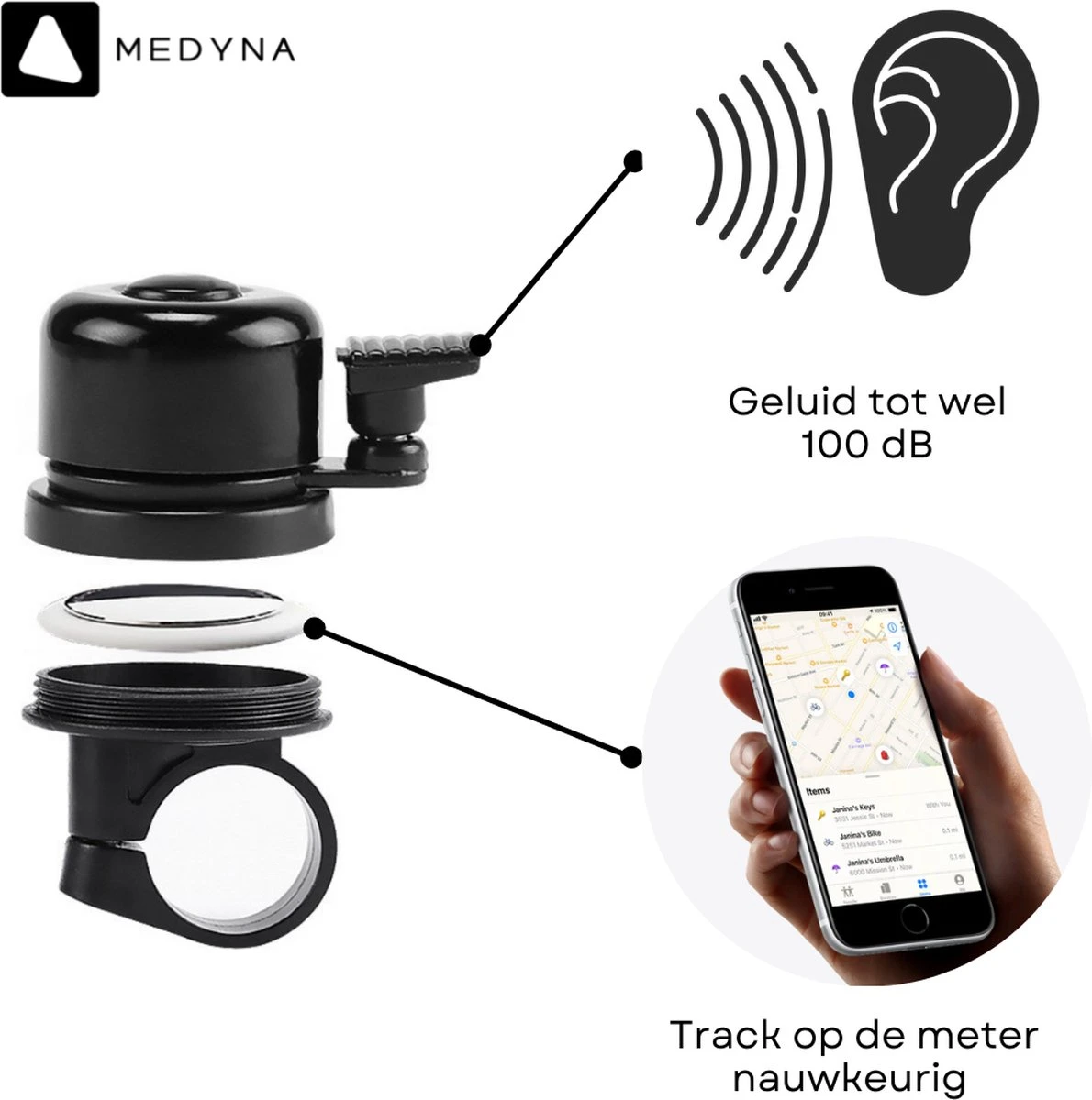 MEDYNA TrackBell - Fietsbel - AirTag Fiets - GPS Tracker Fiets - Fietsalarm - Fiets GPS - Bike Tracker - Ebike 4 MEDYNA TrackBell - Fietsbel - AirTag Fiets - GPS Tracker Fiets - Fietsalarm - Fiets GPS - Bike Tracker - Ebike - Afbeelding 4