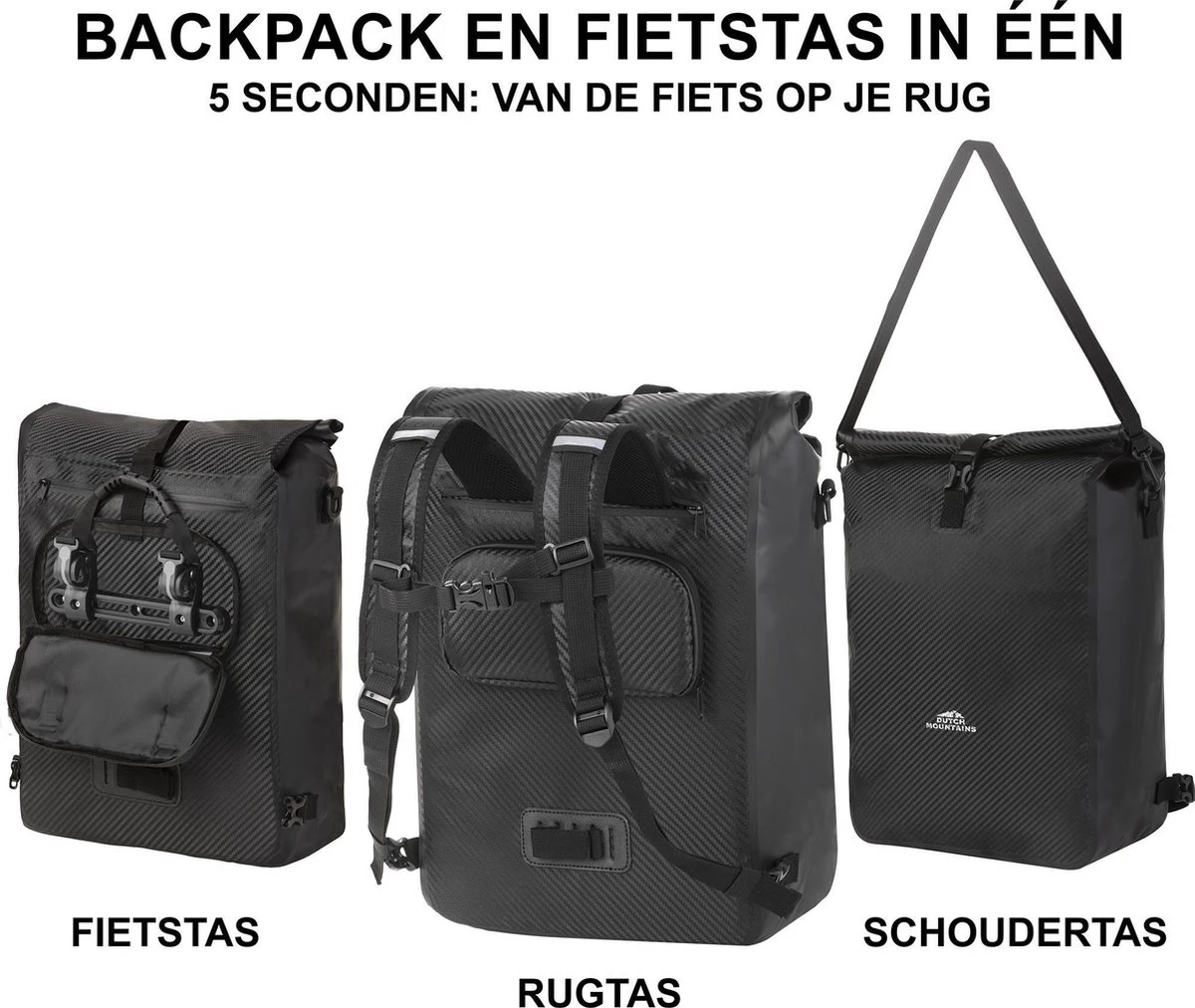 Dutch Mountains Enkele Fietstas | Rugzak | 100% Waterdicht | Fietstas, Schoudertas En Rugtas In 1 | 28 Liter | Carbon / Zwart 2 Dutch Mountains Enkele Fietstas | Rugzak | 100% Waterdicht | Fietstas, Schoudertas En Rugtas In 1 | 28 Liter | Carbon / Zwart - Afbeelding 2