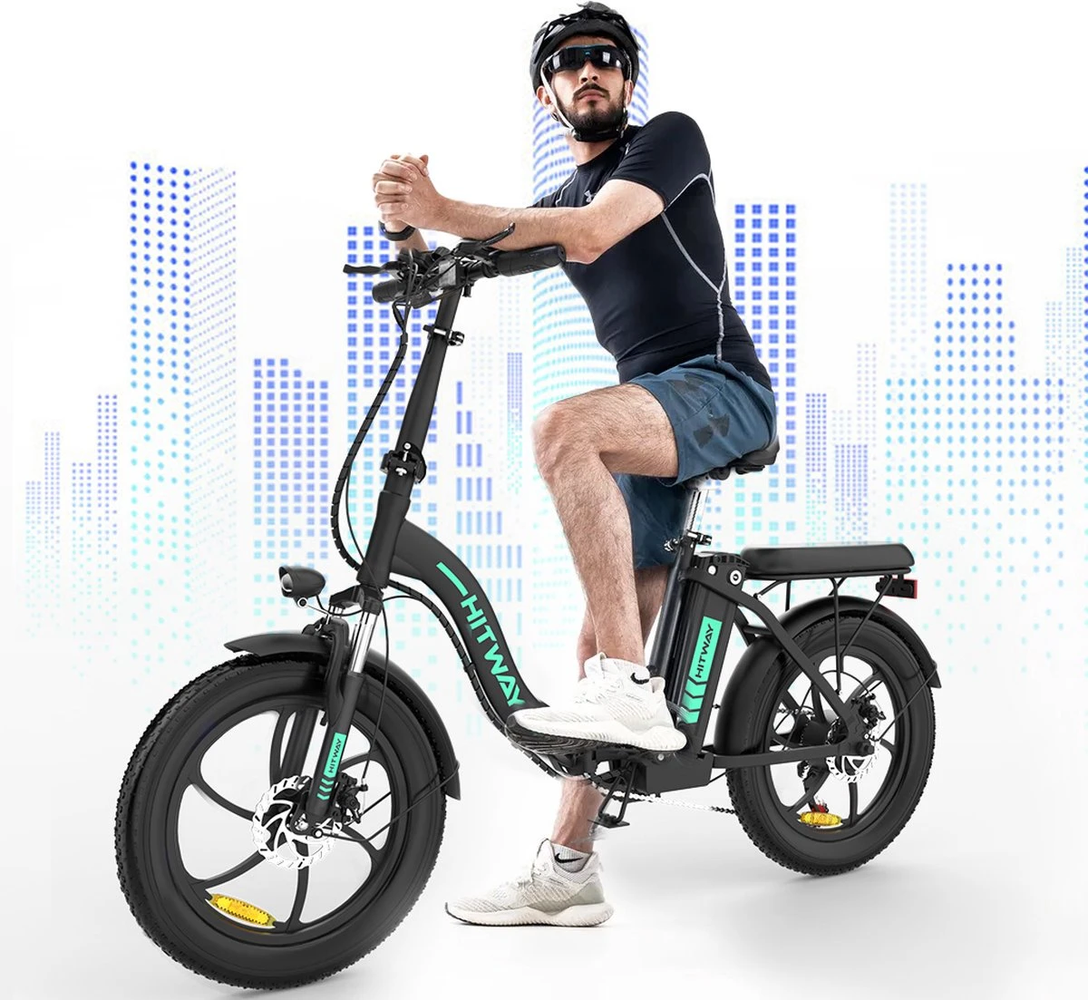 HITWAY E-Bike Elektrische Fiets 20 Inch Fat Tire E-Bicycle Vouwfiets, 250 W, 11,2 Ah Accu, Max. Bereik Tot 35-90 Km, Offroad-mountainbike Met Shimano 7-versnellingen, City EBike Met Slot,Groen Zwart 1 HITWAY E-Bike Elektrische Fiets 20 Inch Fat Tire E-Bicycle Vouwfiets, 250 W, 11,2 Ah Accu, Max. Bereik Tot 35-90 Km, Offroad-mountainbike Met Shimano 7-versnellingen, City EBike Met Slot,Groen Zwart