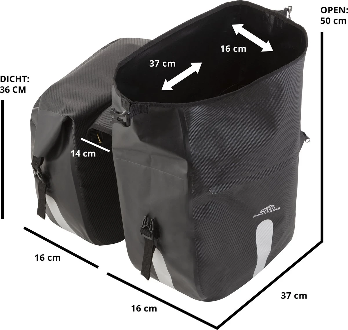 Dutch Mountains Dubbele Fietstas 46 Ltr | 100% Waterdichte Fietstas | Rolltop Sluiting | Reflectoren | Zwart 3 Dutch Mountains Dubbele Fietstas 46 Ltr | 100% Waterdichte Fietstas | Rolltop Sluiting | Reflectoren | Zwart - Afbeelding 3