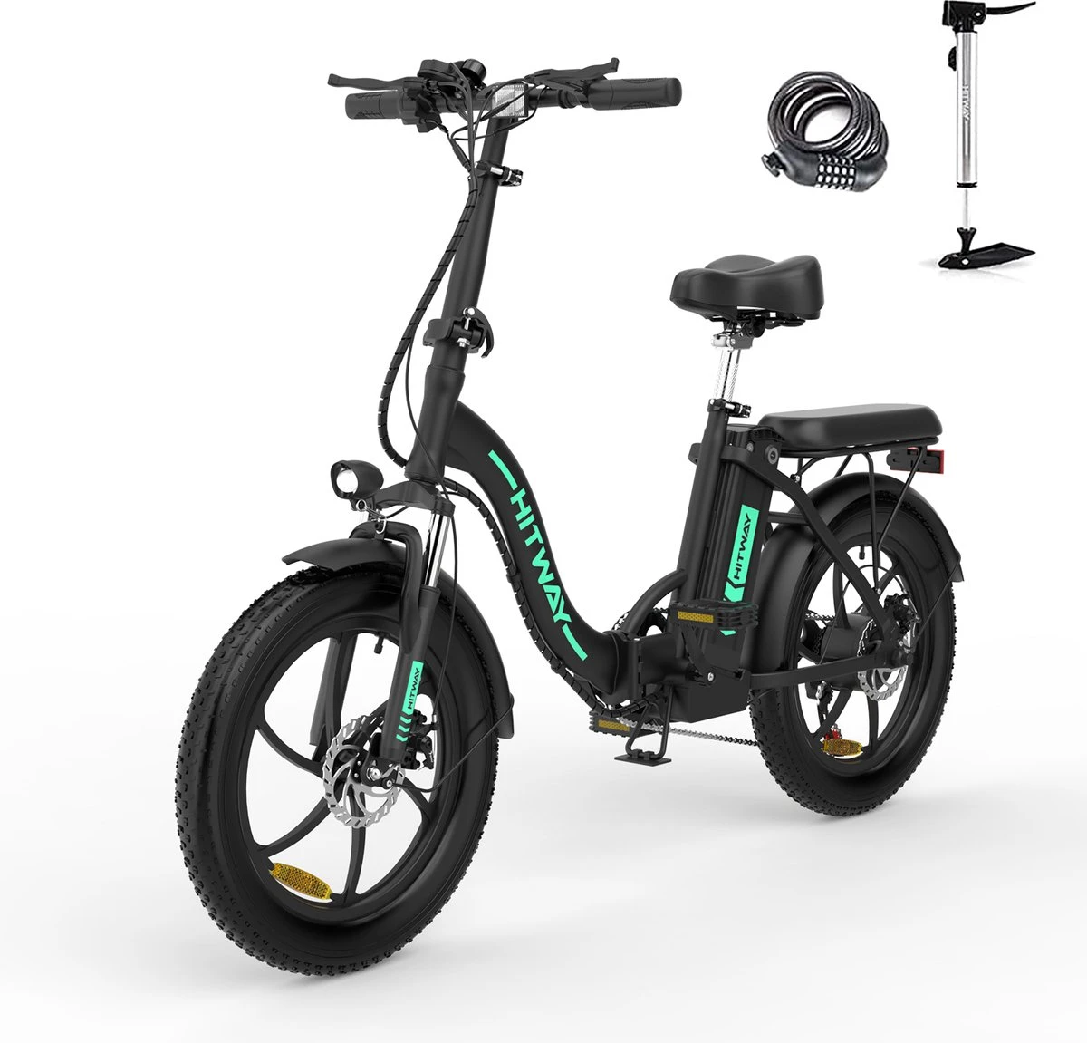 HITWAY E-Bike Elektrische Fiets 20 Inch Fat Tire E-Bicycle Vouwfiets, 250 W, 11,2 Ah Accu, Max. Bereik Tot 35-90 Km, Offroad-mountainbike Met Shimano 7-versnellingen, City EBike Met Slot,Groen Zwart 2 HITWAY E-Bike Elektrische Fiets 20 Inch Fat Tire E-Bicycle Vouwfiets, 250 W, 11,2 Ah Accu, Max. Bereik Tot 35-90 Km, Offroad-mountainbike Met Shimano 7-versnellingen, City EBike Met Slot,Groen Zwart - Afbeelding 2