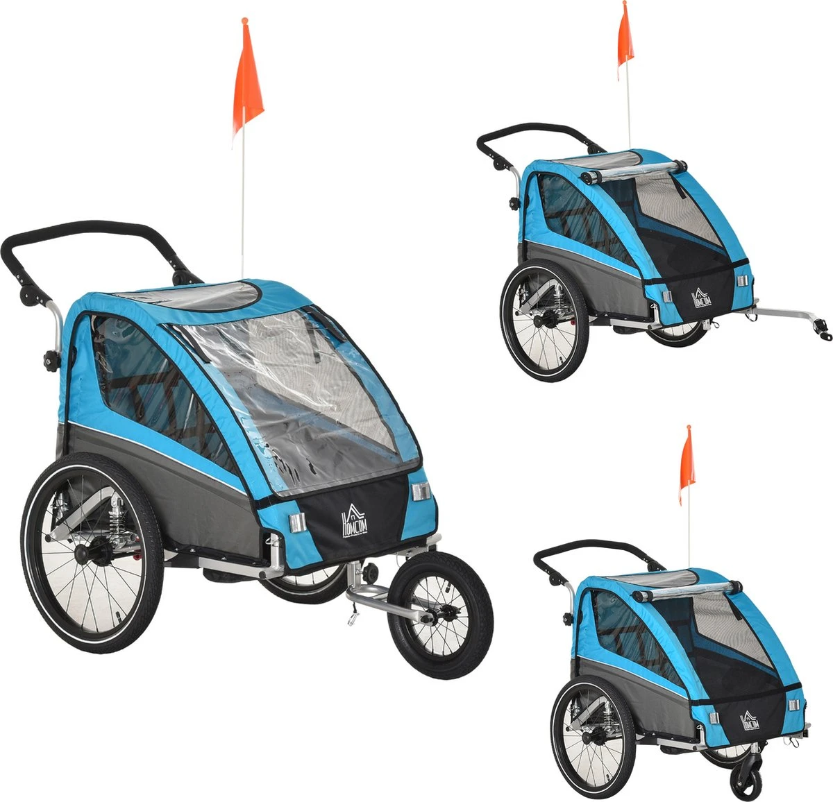 HOMCOM 3-in-1 Kinderaanhanger Jogger Fietskar Voor 2 Kinderen Aluminium 440-018 1 HOMCOM 3-in-1 Kinderaanhanger Jogger Fietskar Voor 2 Kinderen Aluminium 440-018