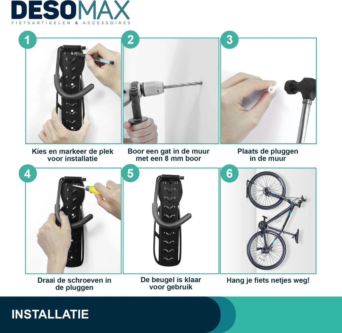 Fiets Ophangsysteem Ophangbeugel En Muurbeugel DesoMax® Muurhaak - Muurbevestiging Voor Met De Wiel Aan De Muur - Wandhouder - Fietshaak 9 Fiets Ophangsysteem Ophangbeugel En Muurbeugel DesoMax® Muurhaak - Muurbevestiging Voor Met De Wiel Aan De Muur - Wandhouder - Fietshaak - Afbeelding 9