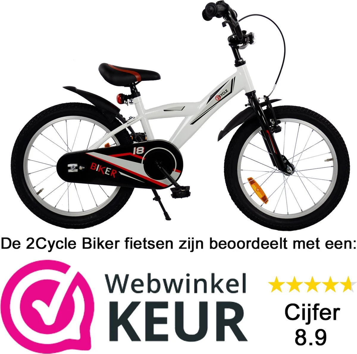 2Cycle Biker Kinderfiets - 18 Inch - Wit - Jongensfiets 2 2Cycle Biker Kinderfiets - 18 Inch - Wit - Jongensfiets - Afbeelding 2