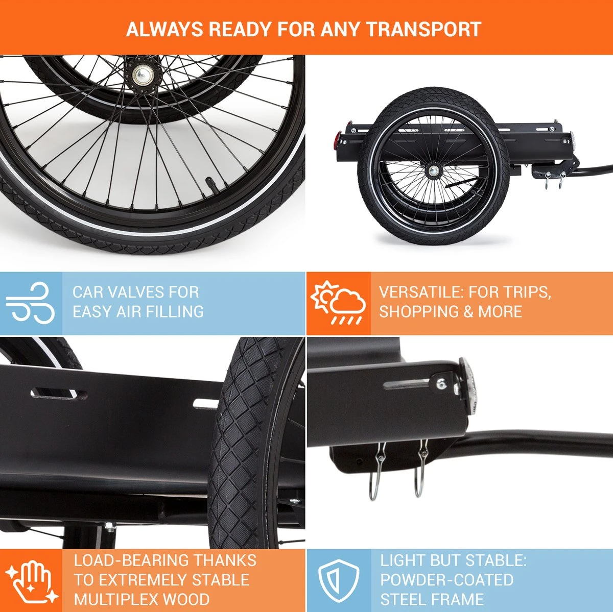 Cargo Bull Travel Aanhangwagen 40kg Fietsaanhanger Zwart/hout 2 Cargo Bull Travel Aanhangwagen 40kg Fietsaanhanger Zwart/hout - Afbeelding 2