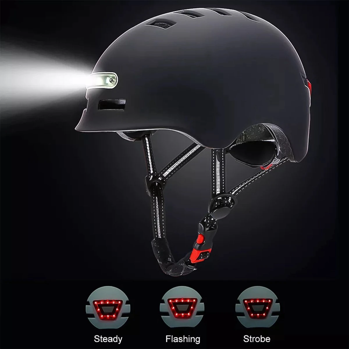 Fietshelm- Met Voor- En Achterlicht-Skatehelm -Maat-M-54 Tot 57 Cm-Helm Mat-Zwart - LED Verlichting 2 Fietshelm- Met Voor- En Achterlicht-Skatehelm -Maat-M-54 Tot 57 Cm-Helm Mat-Zwart - LED Verlichting - Afbeelding 2