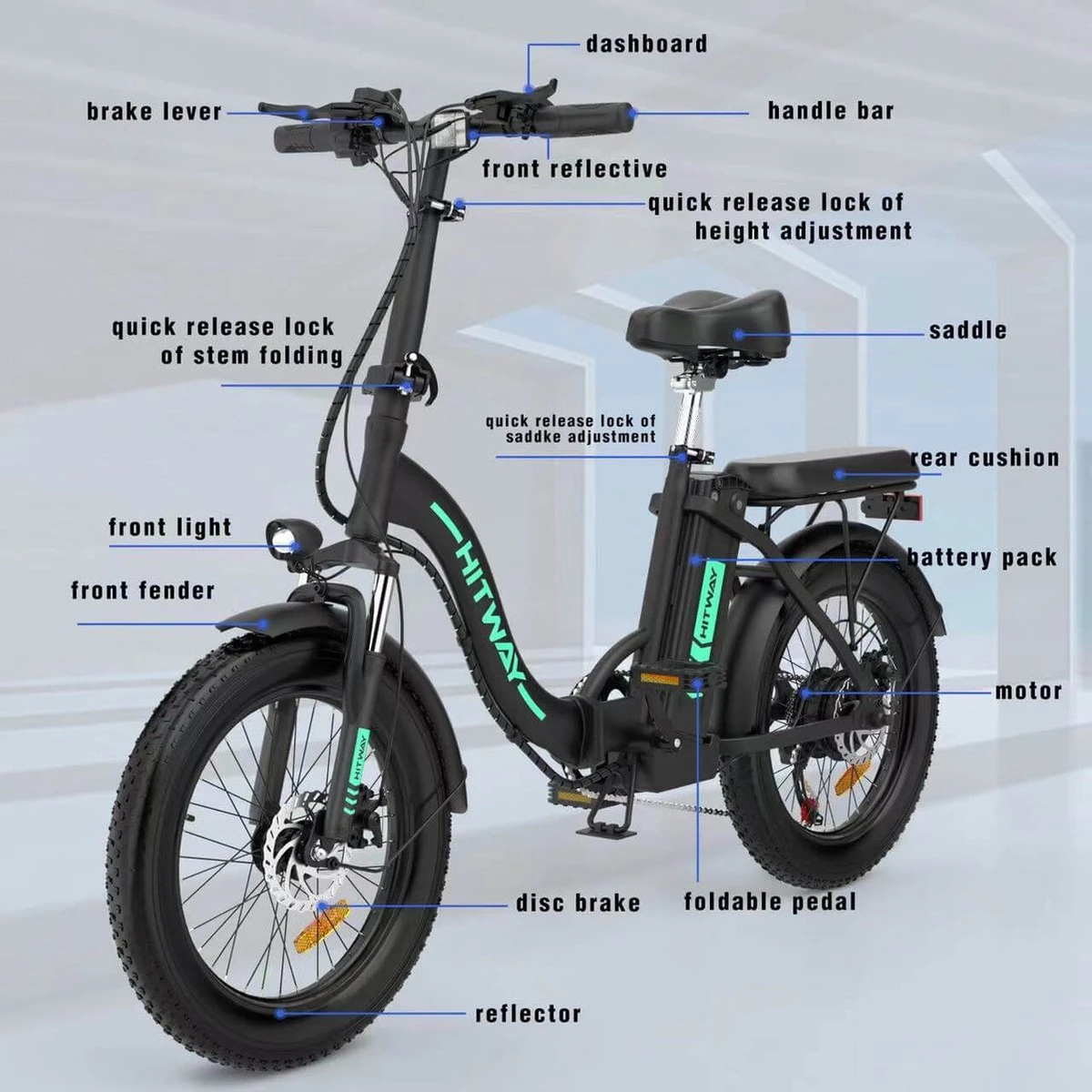 HITWAY E Bike Elektrische Fiets 20 Inch Dikke Band Opvouwbare Elektrische Fiets, 250W/36V/11,2Ah Batterij, Max. Bereik Tot 35-90km, Off-road Mountainbike Met Shimano 7 Versnellingen, Stad EBike Heren Dames 5 HITWAY E Bike Elektrische Fiets 20 Inch Dikke Band Opvouwbare Elektrische Fiets, 250W/36V/11,2Ah Batterij, Max. Bereik Tot 35-90km, Off-road Mountainbike Met Shimano 7 Versnellingen, Stad EBike Heren Dames - Afbeelding 5