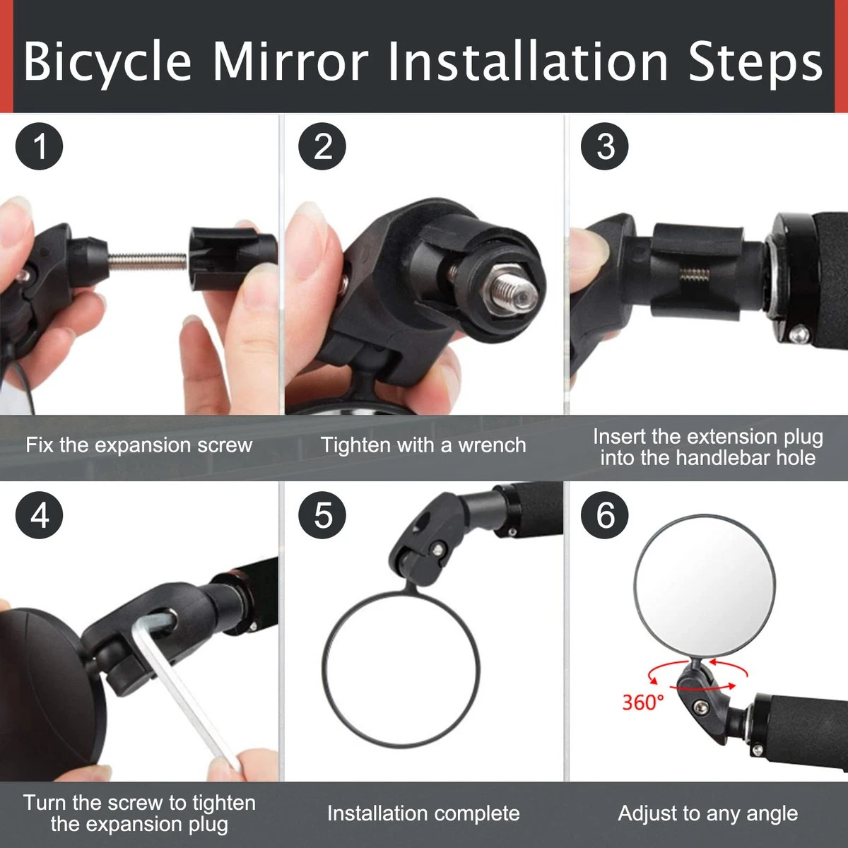 Zacro 2 Pack Fietsspiegel Ebike- Fietsbel- Veiligheidsspiegel- 360° Verstelbare En Draaibare Fietsspiegel– Universeel- Zwart 7 Zacro 2 Pack Fietsspiegel Ebike- Fietsbel- Veiligheidsspiegel- 360° Verstelbare En Draaibare Fietsspiegel– Universeel- Zwart - Afbeelding 7