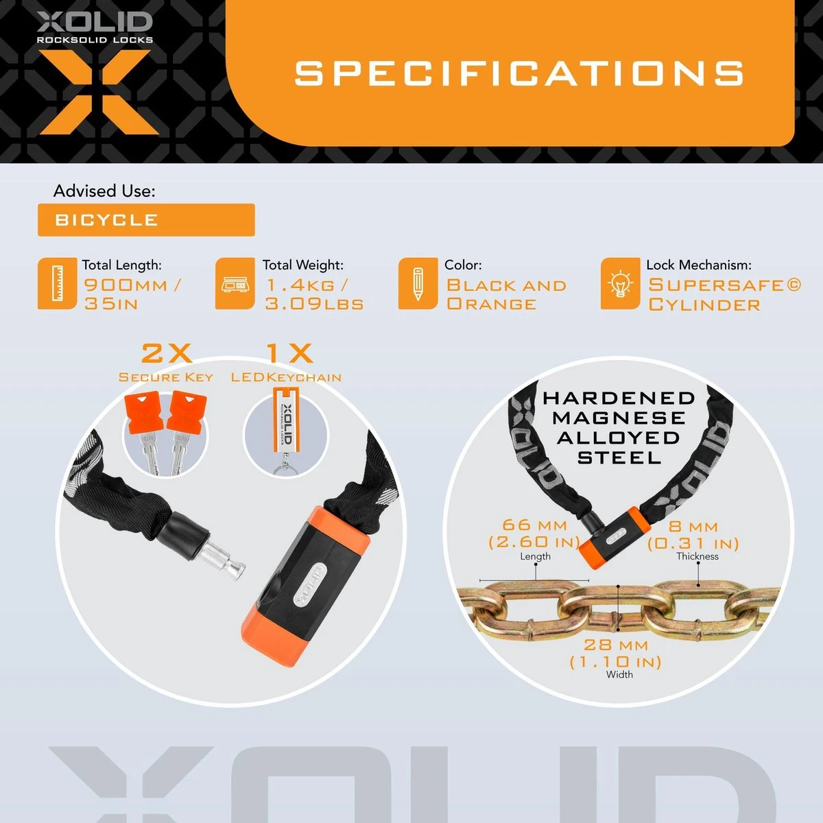 Xolid Kettingslot Fiets - Oranje/Zwart Fietsslot Ketting - Slot 90CM 3 Xolid Kettingslot Fiets - Oranje/Zwart Fietsslot Ketting - Slot 90CM - Afbeelding 3
