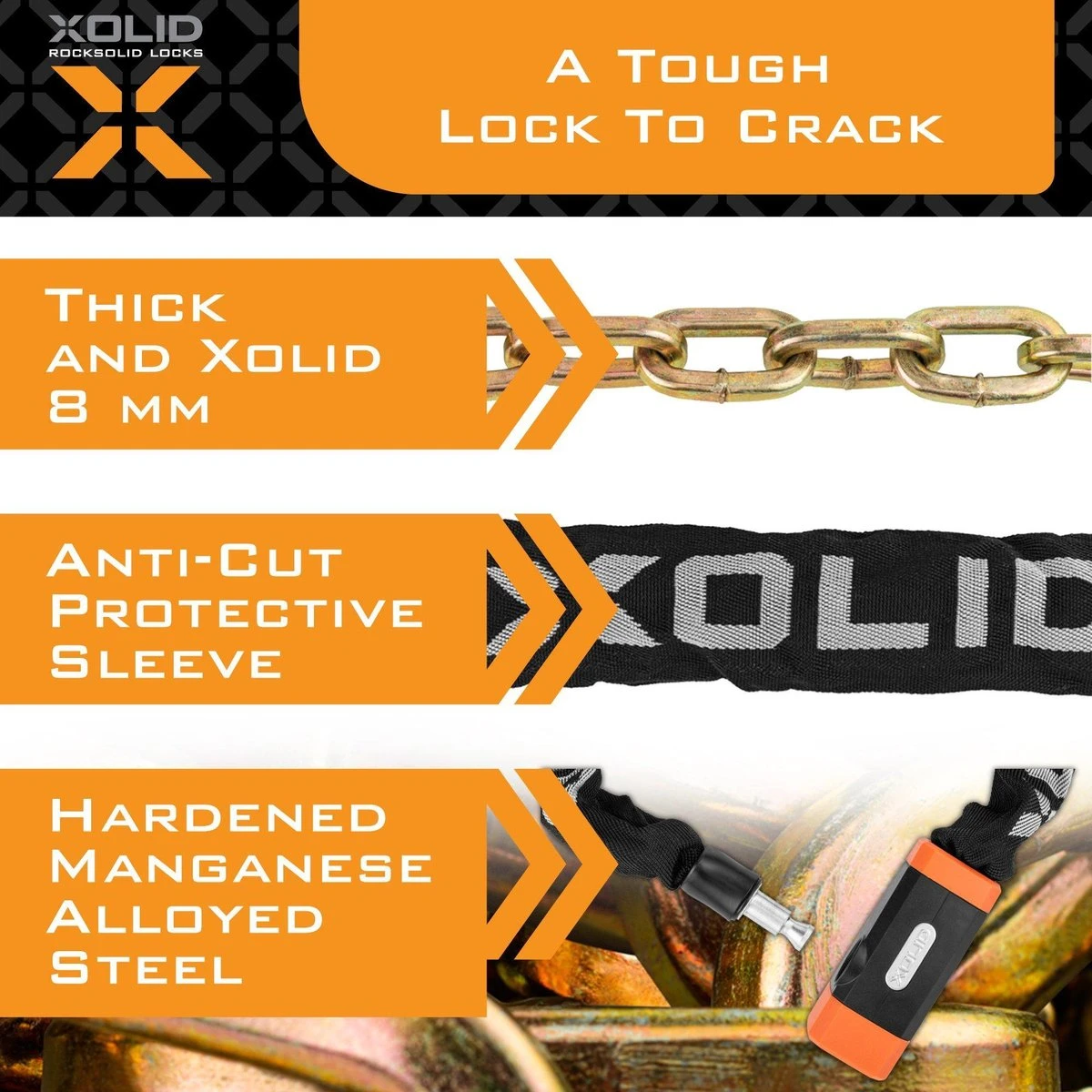 Xolid Kettingslot Fiets - Oranje/Zwart Fietsslot Ketting - Slot 90CM 4 Xolid Kettingslot Fiets - Oranje/Zwart Fietsslot Ketting - Slot 90CM - Afbeelding 4