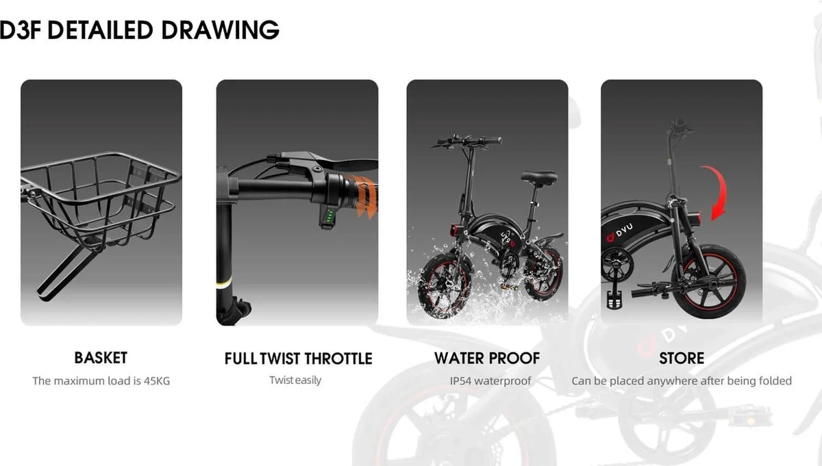 DYU D3F Opvouwbare Elektrische Fiets, Slimme Mountainbike Voor Volwassenen, 240W Aluminiumlegering Fiets Verwijderbare 36V/10Ah Lithium-ion Batterij Met 3 Rijmodi 2 DYU D3F Opvouwbare Elektrische Fiets, Slimme Mountainbike Voor Volwassenen, 240W Aluminiumlegering Fiets Verwijderbare 36V/10Ah Lithium-ion Batterij Met 3 Rijmodi - Afbeelding 2
