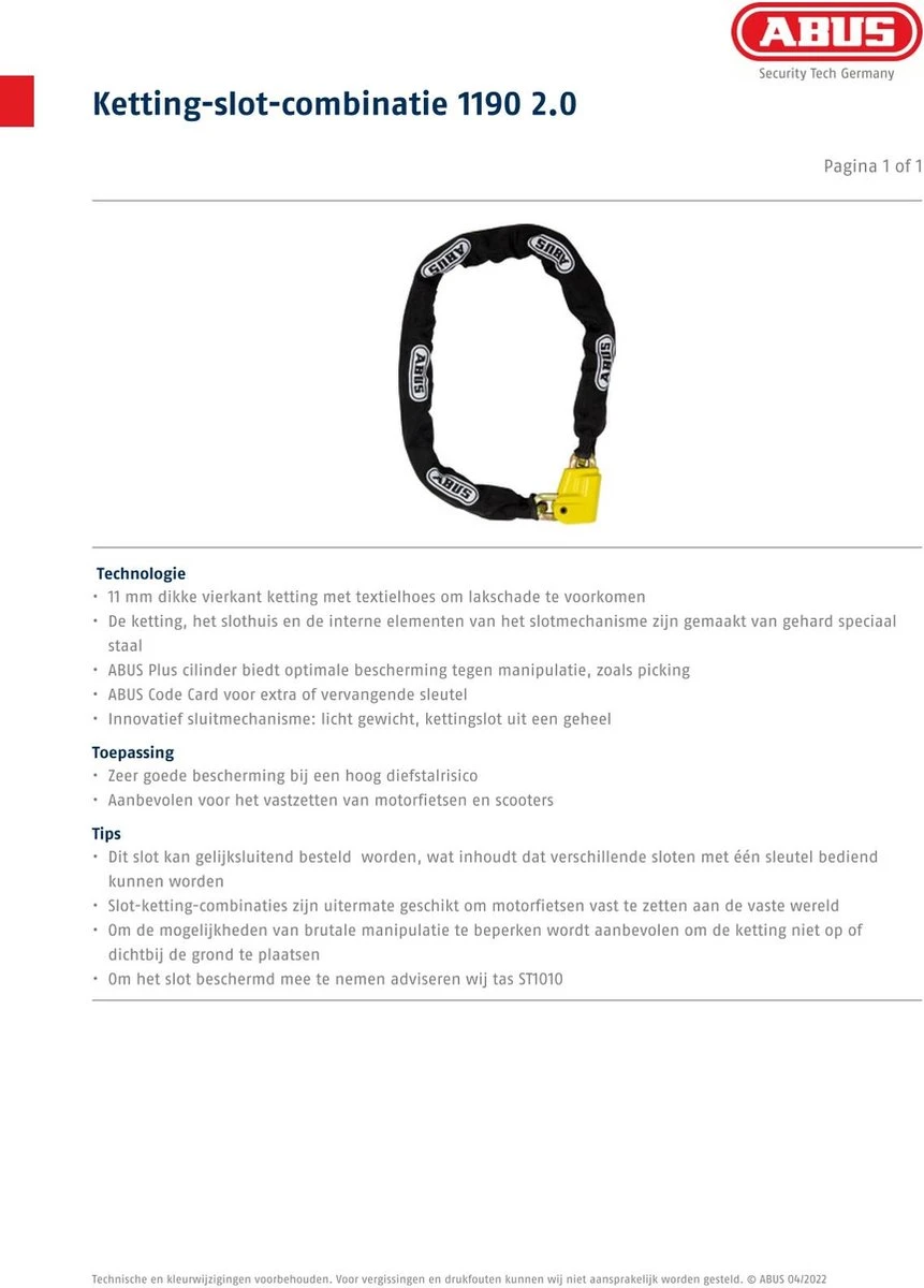 ABUS Ionus 1190/11 Kettingslot ART4 - 120 Cm 2 ABUS Ionus 1190/11 Kettingslot ART4 - 120 Cm - Afbeelding 2