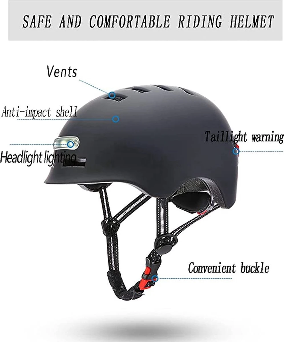 Fietshelm- Met Voor- En Achterlicht-Skatehelm -Maat-M-54 Tot 57 Cm-Helm Mat-Zwart - LED Verlichting 5 Fietshelm- Met Voor- En Achterlicht-Skatehelm -Maat-M-54 Tot 57 Cm-Helm Mat-Zwart - LED Verlichting - Afbeelding 5